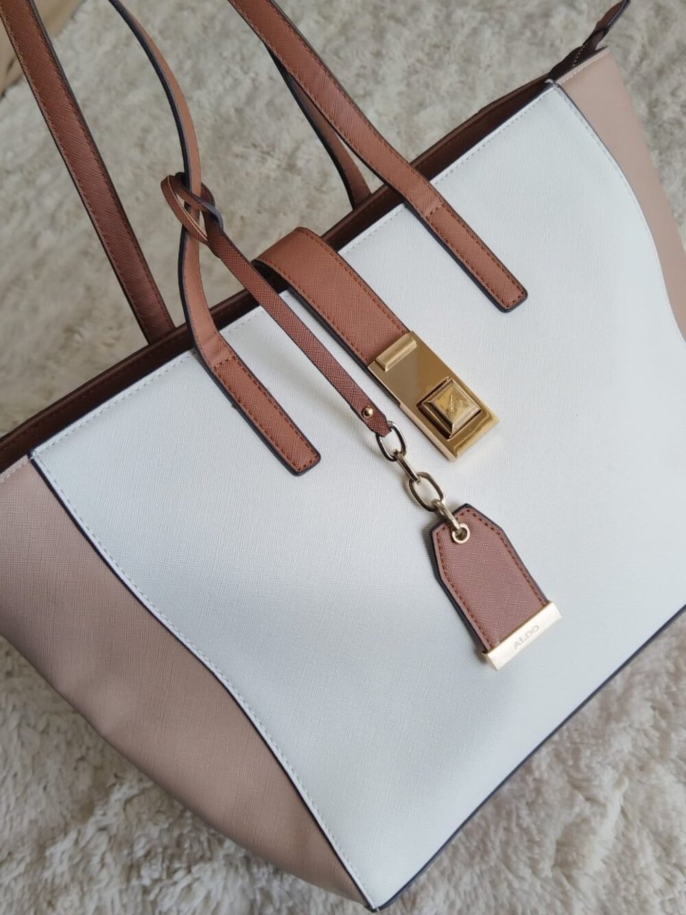 ALDO Colorblock Tote Satchel Bag White Brown Beige Gold Hardware